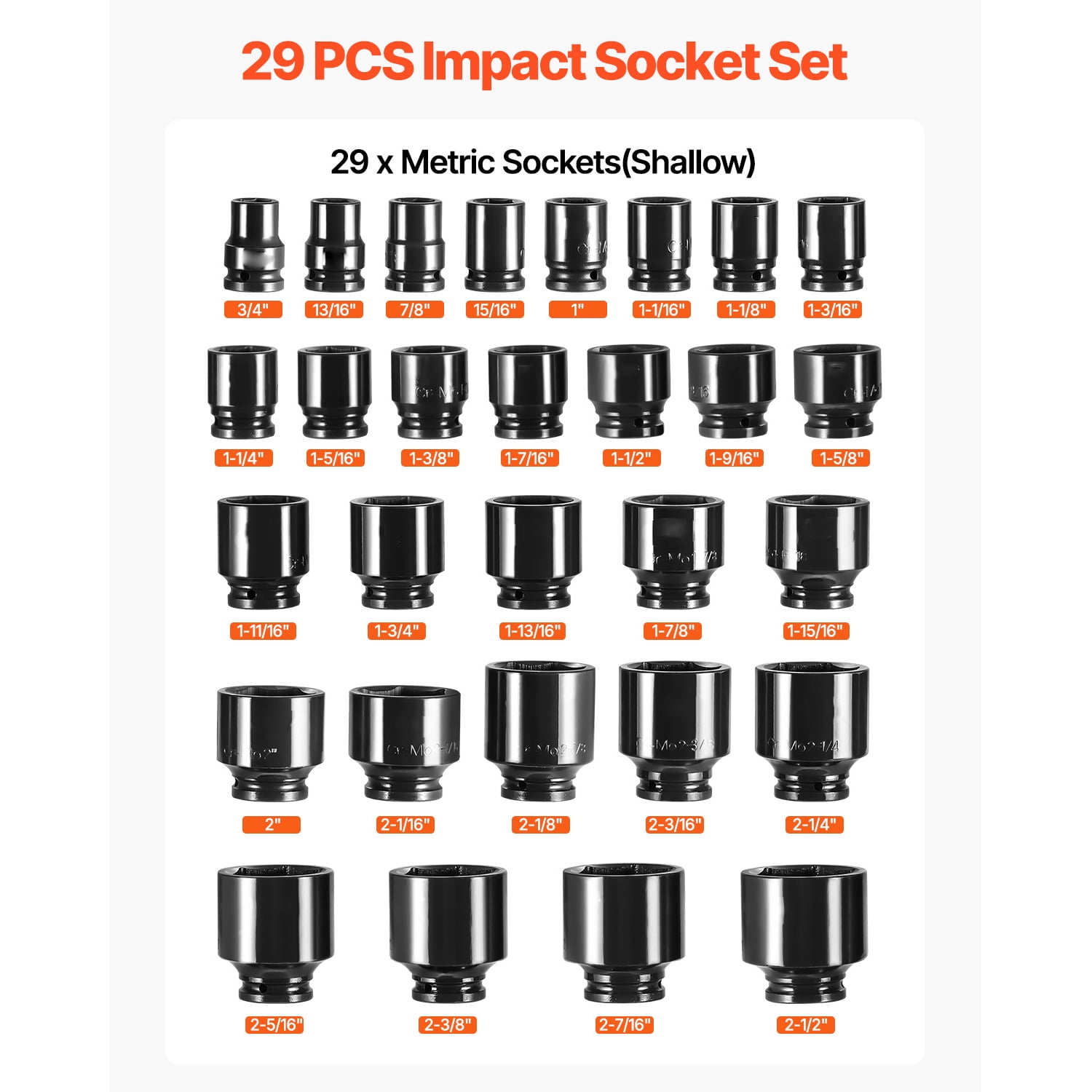 KFFKFF 29-Piece 3/4-Inch Drive Impact Socket Set, 6-Point Design, Durable CR-MO Construction, SAE Sizes from 3/4 Inch to 2-1/2 Inch, Includes Storage Case