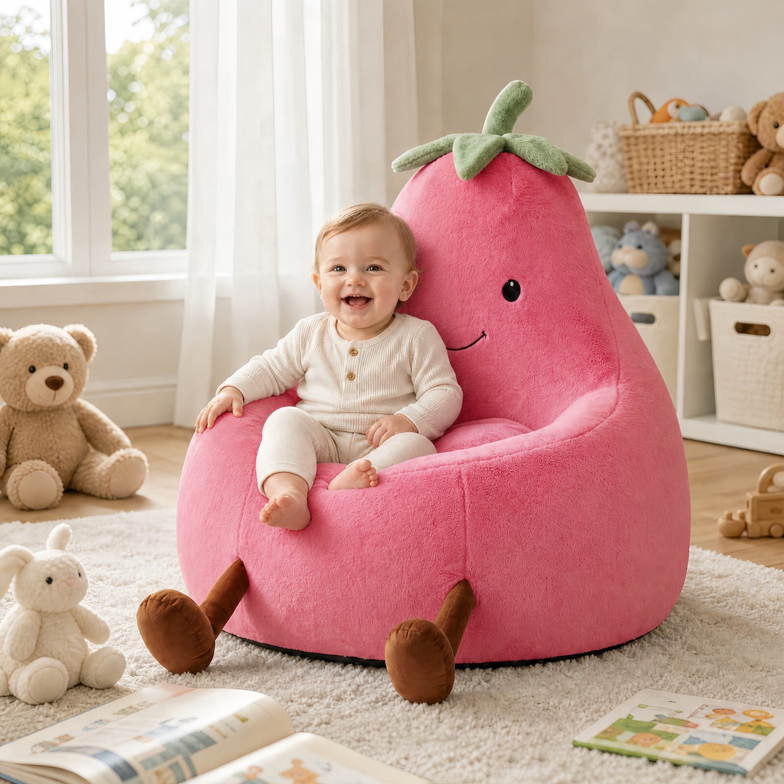 Kelno 31" Kids Bean Bag Chair Faux Rabbit Fur Lazy Chair Toddler Couch, Rose Red