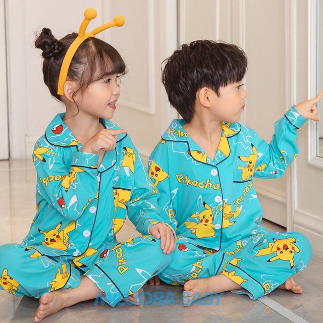Conjunto de pijama de Pokémon para niños y niñas, ropa de dormir de manga larga, Pikachu, para el hogar qym unisex