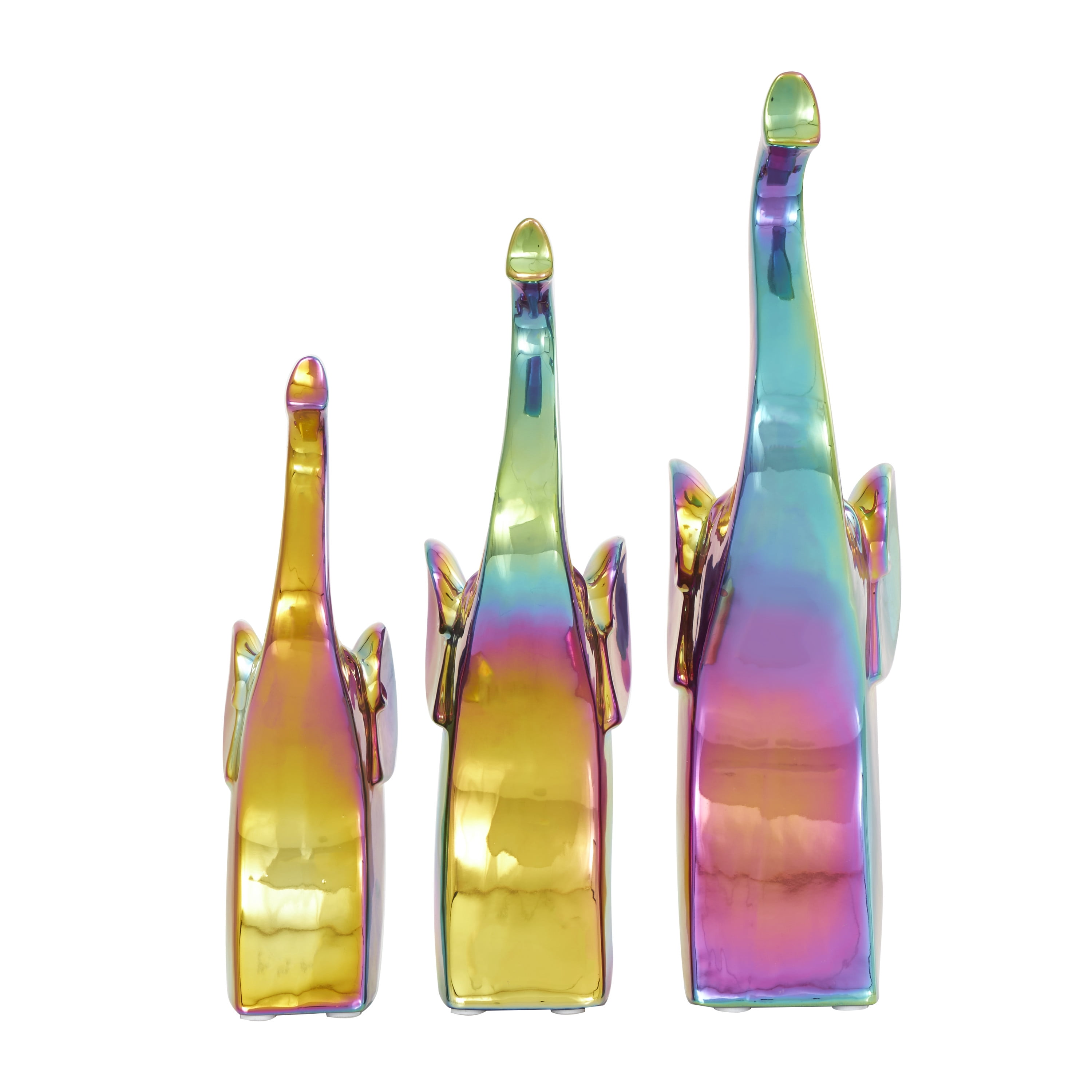 14", 12", 10"H Multi Colored Ceramic Elephant Sculpture with Rainbow Shimmer Finish, by DecMode (3 Count)