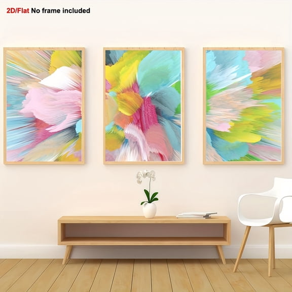[2D Flat] 3pcs Unframed Decorative Paintings, 2D Flat, Canvas Printed Paintings, Set of 3 Abstract Bright Colorful Fractal Wall Art Prints, Colorful Posters, Blue, Pink, Yellow, Suitable for Wall De