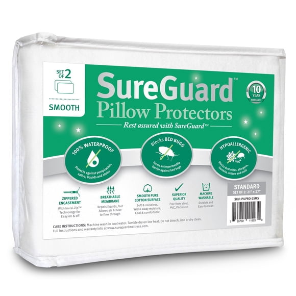 Ensemble de 2 Protège-Oreillers de Taille Standard SureGuard - 100 % Imperméables, Anti-Punaises de Lit, Hypoallergéniques - Housses en Coton à Fermeture Éclair de Qualité Supérieure - Lisses