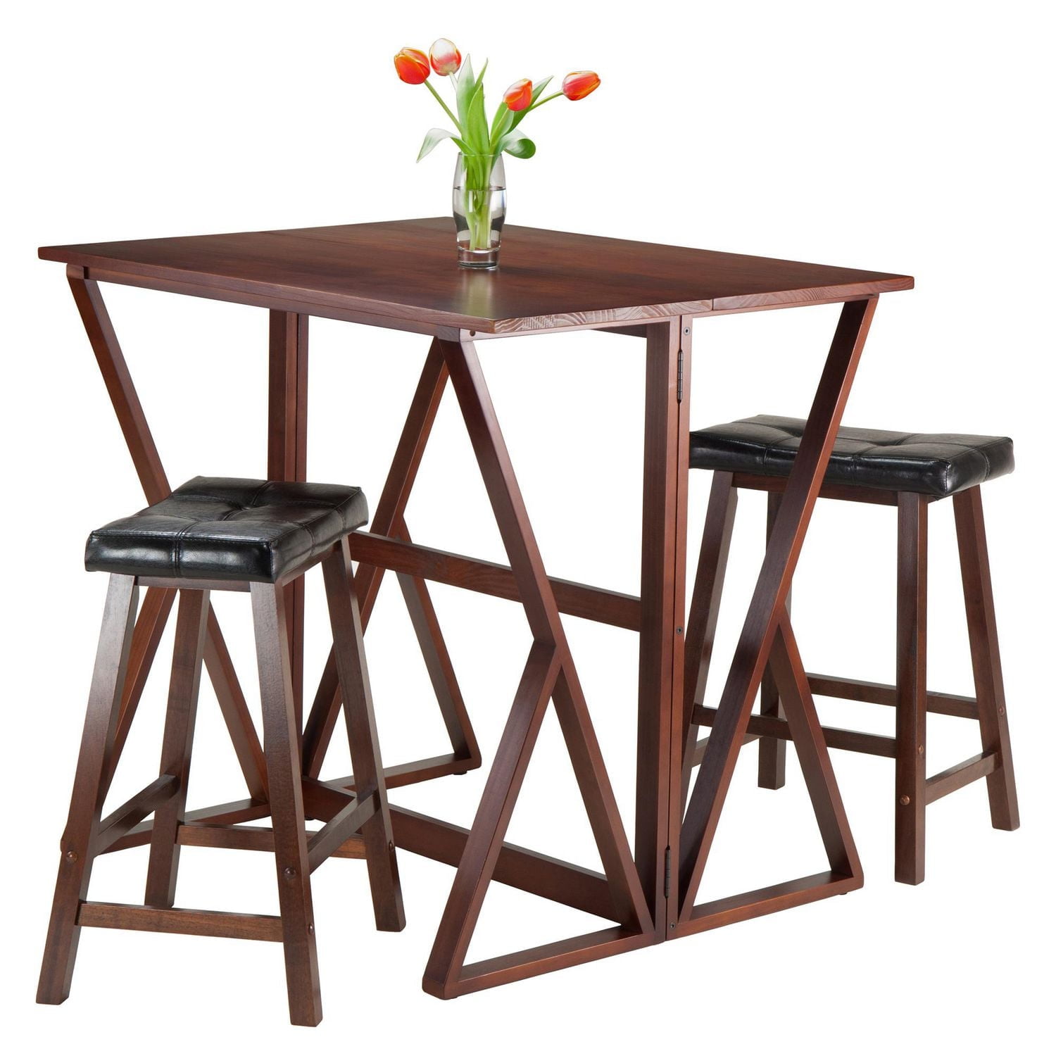 Winsome Harrington 3-Piece Drop Leaf High Table, 2 - 24" Cushion Saddle Seat Stools - 94345