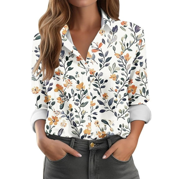 Fznquz Women’S Tops Floral Dressy Button Down Shirt Collared Casual Long Sleeve Blue Shirts for Women