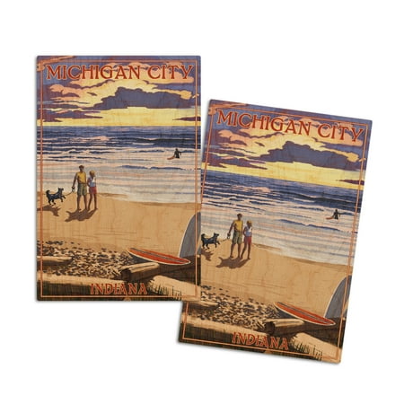 

Michigan City Indiana Sunset on Beach (4x6 Birch Wood Postcards 2-Pack Stationary Rustic Home Wall Decor)