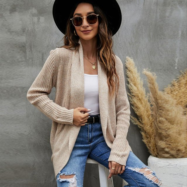 En stock 2023 otoño e invierno nuevo cárdigan de punto con solapa grande ropa europea y americana suéter de longitud media chaqueta