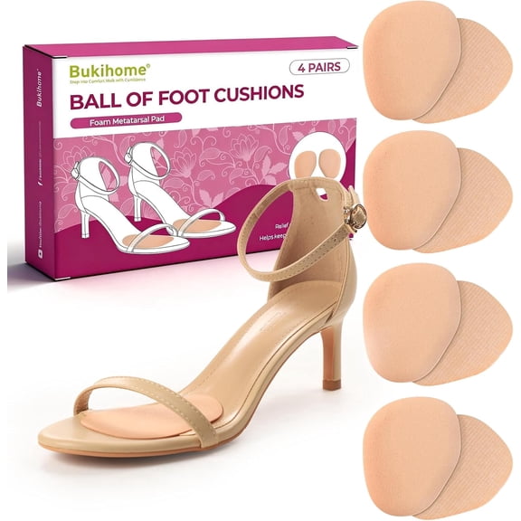 Bukihome Ball of Foot Cushion Pads for High Heels, 4 Pairs Foam Metatarsal Pads for Pain Relief, Non Slip Invisible Inserts for Flats & Dress Shoes,Beige