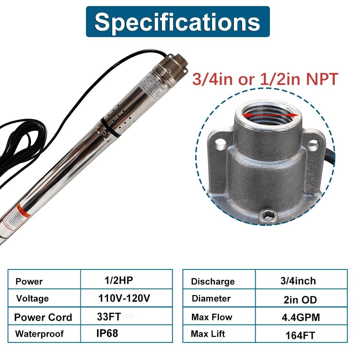 iMeshbean 2" OD 1/2HP Deep Well Submersible Pump 110V 4.4GPM 164FT Max 33FT Cord 1/2in NPT
