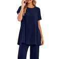 thumbnail image 4 of FRSASU Plus Size Pajamas Sets for Women Loose Fit Solid Shorts Sleeve T-shirts with Wide Leg Pant Sleepwear Lounge Sets Navy-A, 4 of 5