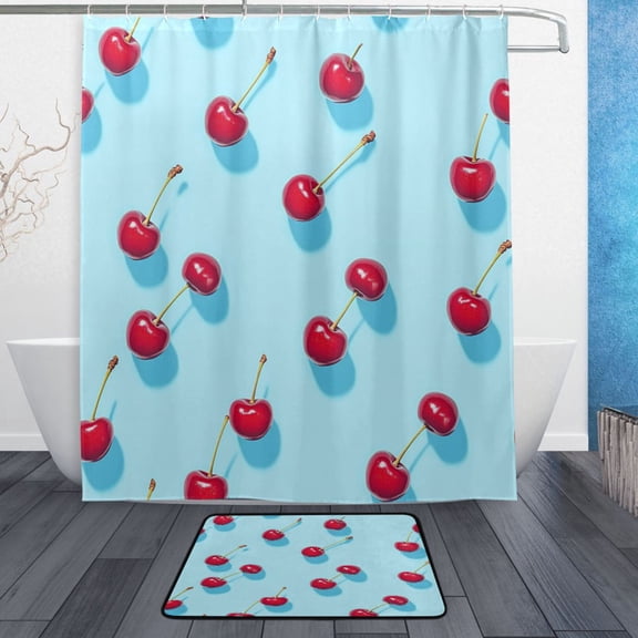 Bath Curtain & Non-Slip Bath Mat Set 12-Grommet Shower Curtain Memory Foam Bath Rug Small Cherry