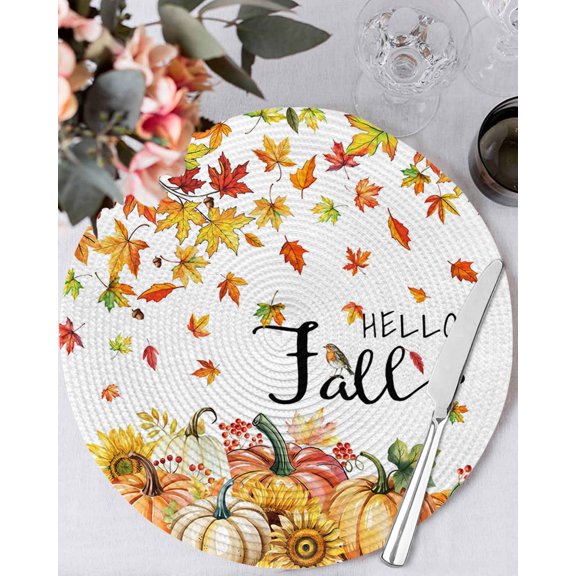 13 Inch Round Placemats Set of 6, Hello Fall Non Slip Heat Insulation PP Table Mats, Orange Pumpkins Thanksgiving Maple Leaf Washable Place Mats for Kitchen Dining Party Table Decor