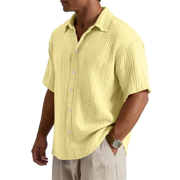 Hogleaql Mens Cuban Guayabera Shirts Button Down Short Sleeve Shirt Cotton Casual Summer Beach Wedding Shirts Yellow 3XL