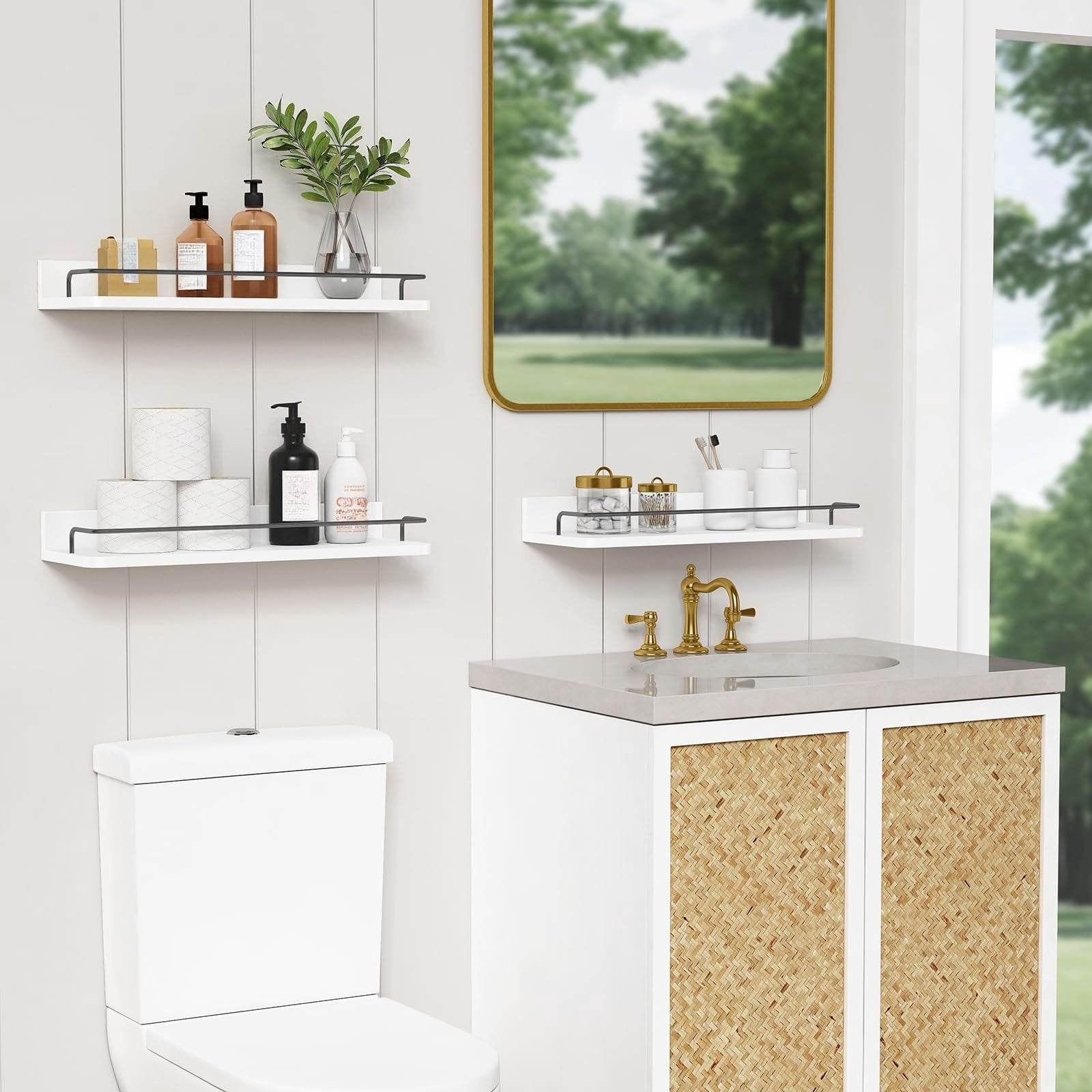 Forbena Gold Floating Shelves for Wall Decor Set of 3, Bathroom Shelves Over Toilet, Modern Display Wall Shelf with Guard Rail for Living Room Bedroom Organizers and Storage - White and Gold