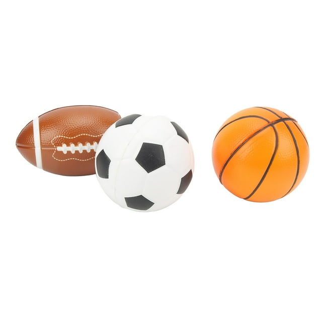 Soccer Ball Football Basketball Set by Estink, featuring three multicolour sports balls made of polyurethane. Includes a soccer ball and basketball, each approximately 11.5cm (4.5in) in diameter, and a football measuring 16 x 9.5cm (6.3 x 3.7in). Designed for toddlers and children, these lightweight, drop-resistant balls are ideal for backyard, beach, pool, or indoor play, promoting motor coordination and fun.