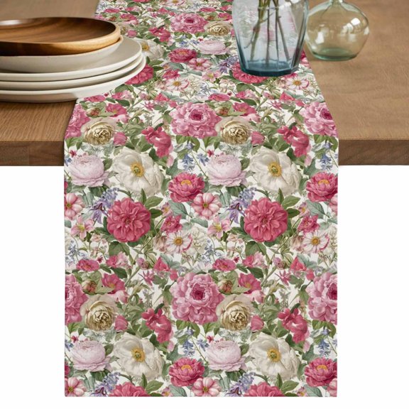 Table Runner 90 Inches Long for Kitchen Dining, Pink Spring Floral Dresser Scarf Farmhouse, Dining Table Decorations for Wedding/Parties, Vintage Summer Botanical 13 x 90 In