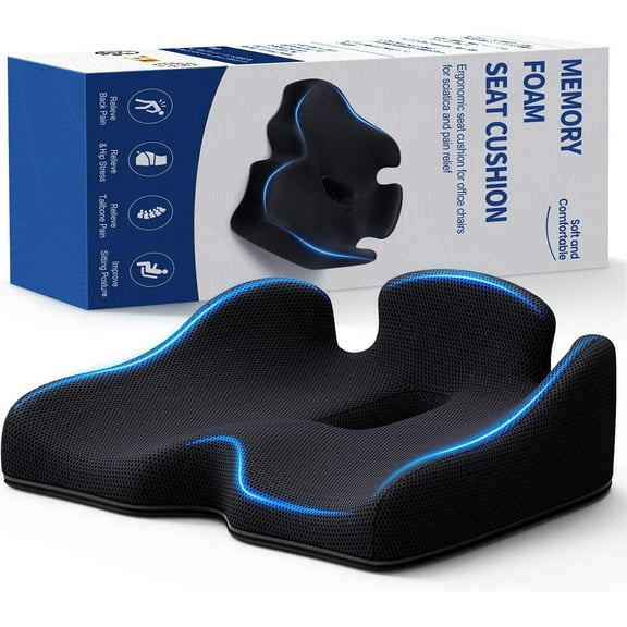 Standard Memory Seat Cushion for Office Chair Pressure Relief Sciatica & Tailbone Pain Relief Firm Coccyx Pad for Long Sitting, Office Chair, Gaming Chair and Car Seat-Black, Standard Size