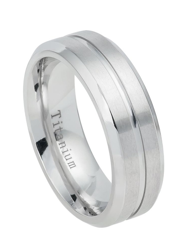 7mm Titanium Brushed Center Grooved Edge Wedding Band Ring
