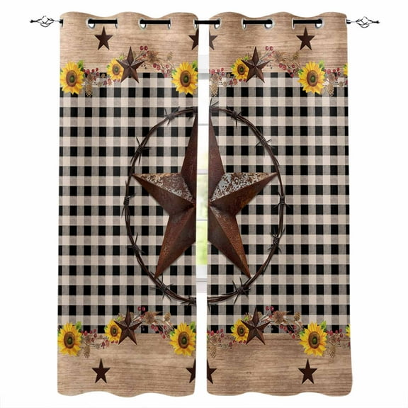 Fsddascl Farmhouse Vintage Blackout Curtains for Bedroom/Living Room, Thermal Insulated Kitchen Curtains, Western Country Star Brown Plaid Grommet Darkening Window Treatment Drapes 42"x63"x2