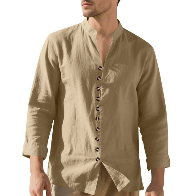 pstuiky camisas de hombre de manga larga, Camisas de lino para hombre, informales, de manga larga, con botones y cuello alto Tops de hombre m