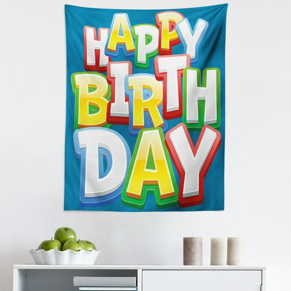 Birthday Party Tapestry, Rainbow Colored Happy Birthday Words Typography on Blue Color Backdrop Print, Fabric Wall Hanging Decor for Bedroom Living Room Dorm, 5 Sizes, Multicolor, by Ambesonne