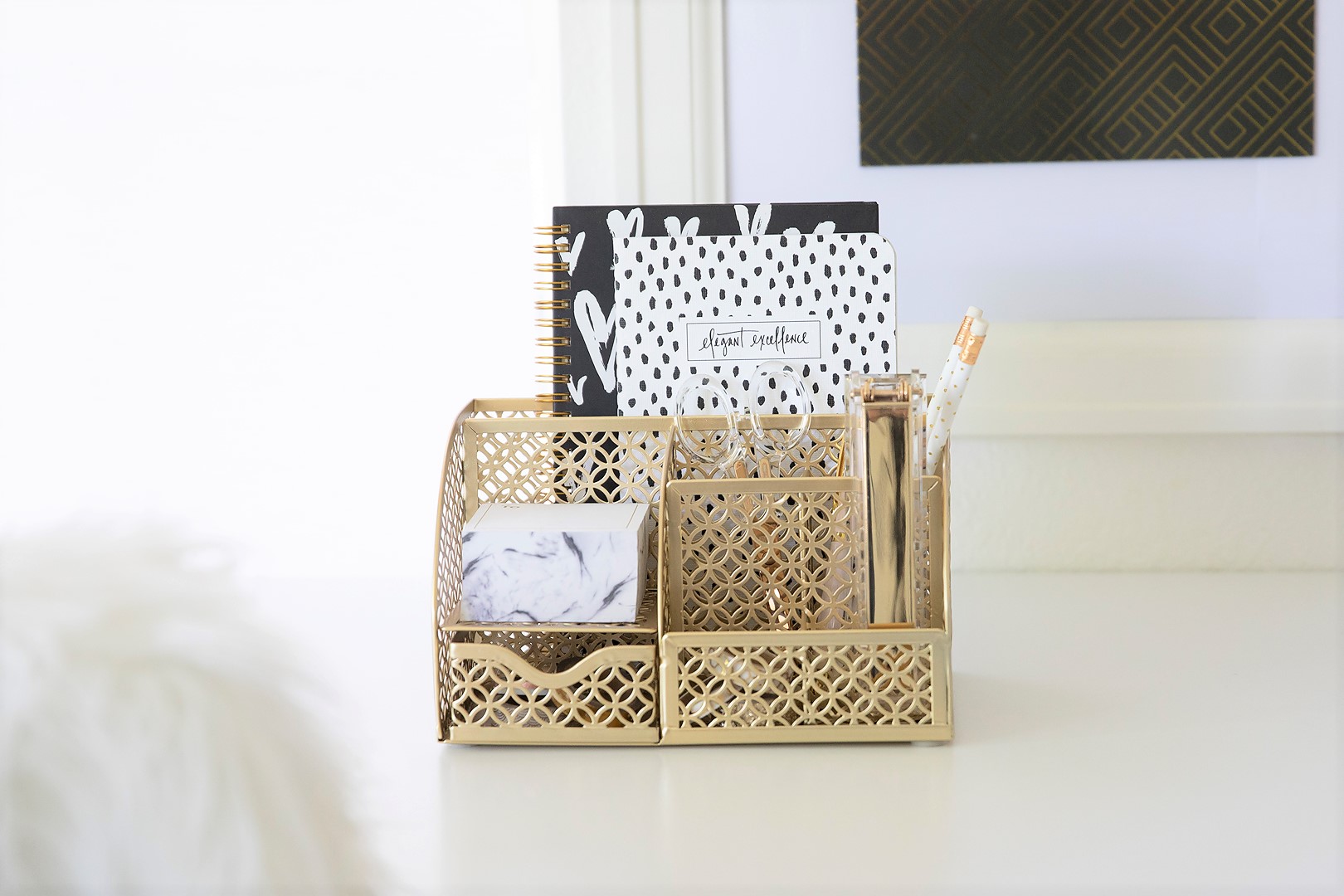 Riviera Designer Metal Desk Organizer with Drawer - Gold