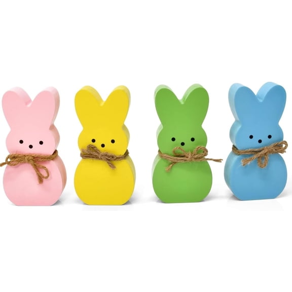 Easter Decorations, Siloon 4PCS Easter Peeps Decor, Easter Wooden Signs for Tiered Tray, Easter Table Decorations Rustic Freestanding Tabletop for Indoor Gift and Dinning Room