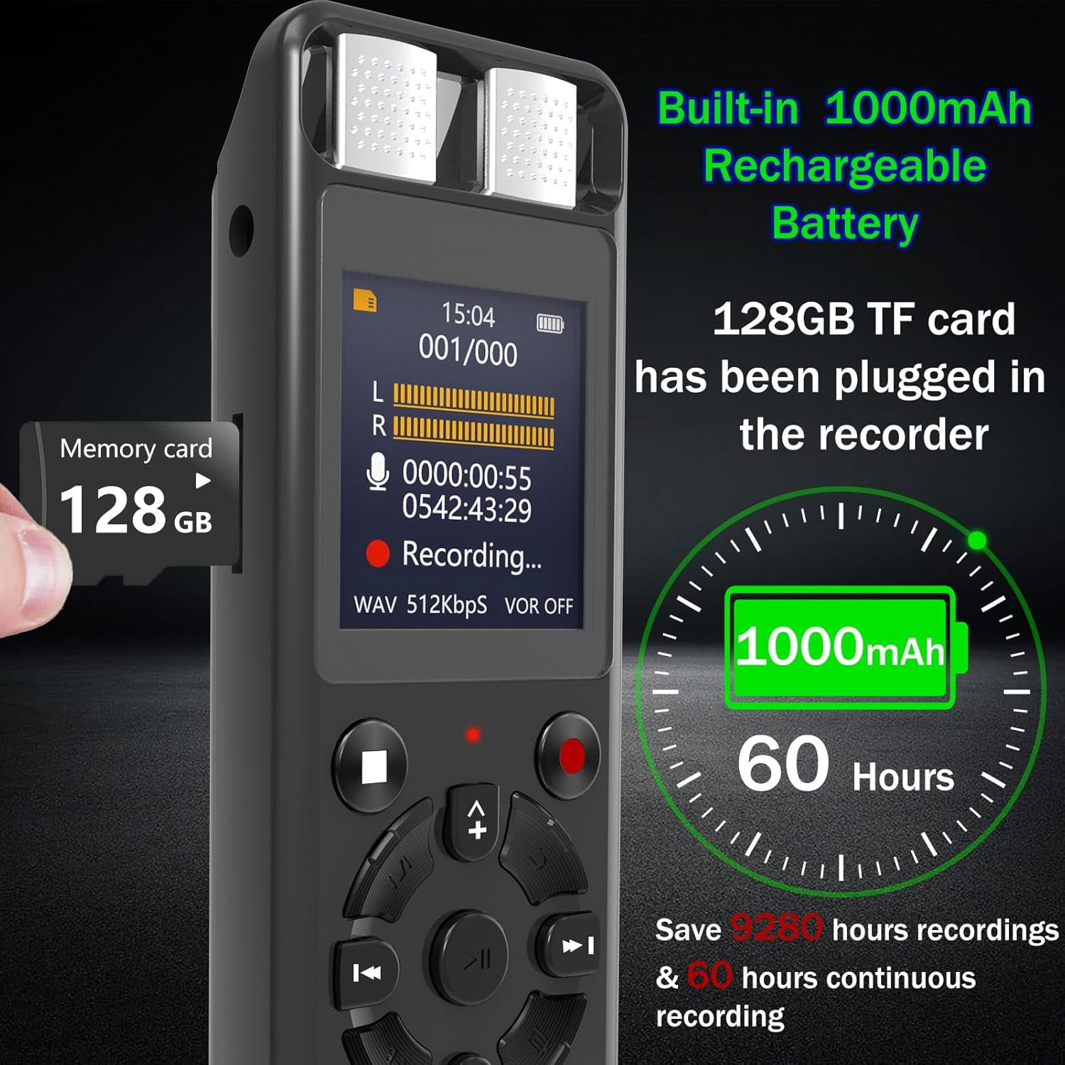 MUSICOZY 128GB Voice Activated Digital Recorder for Lectures and Meetings, Connected Phone via OTG, 9280 Hours Audio Recorder with Tripod Stand, Recording Device MP3 Player