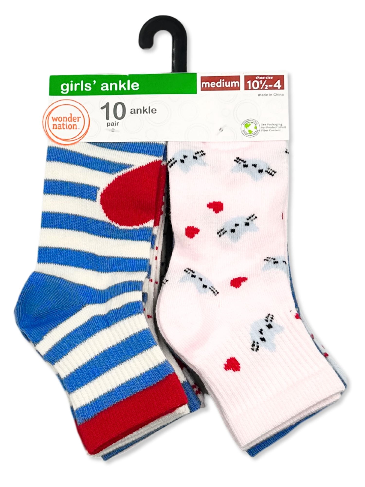 Wonder Nation Girls Ankle Stripe Socks, 10-Pack, Sizes S-L