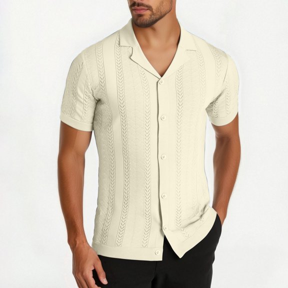 Yaoyar Mens Knitted Cardigan Shirt Mens Short Sleeve Button Down Collar Casual Knit Short Sleeved Lapel Lapel Top