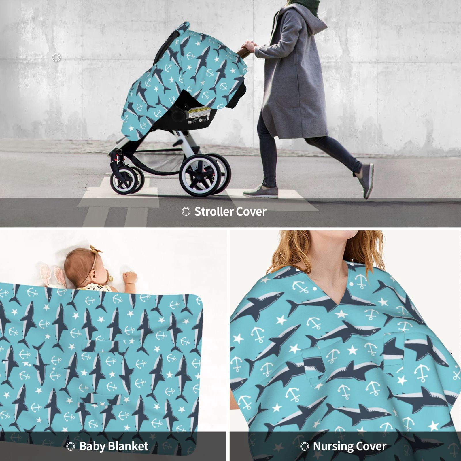 Car Seat Cover Baby - Shark star anchor blue cute Breathable Infant Car Seat Cover for Baby Carseat, Lightweight Comfort Baby Essentials Must Haves Newborn Stuff for Girl Boy