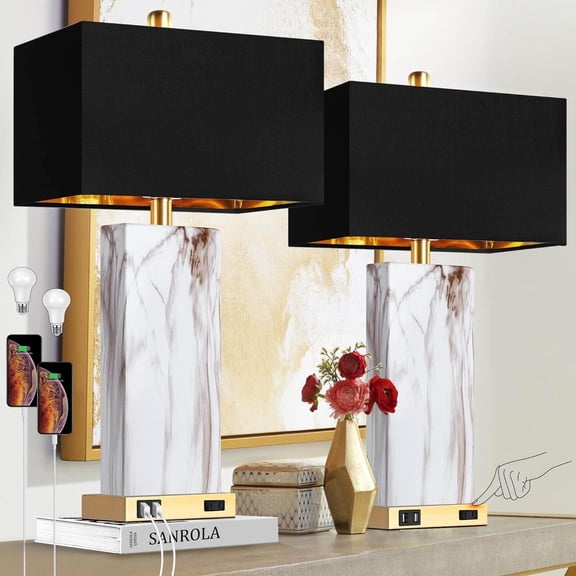 Touch Control Table Lamps Set of 2 with USB Ports, 3-Way Dimmable Nightstand Lamp Faux Marble Gold Black Rectangular Shade for Living Room Bedroom
