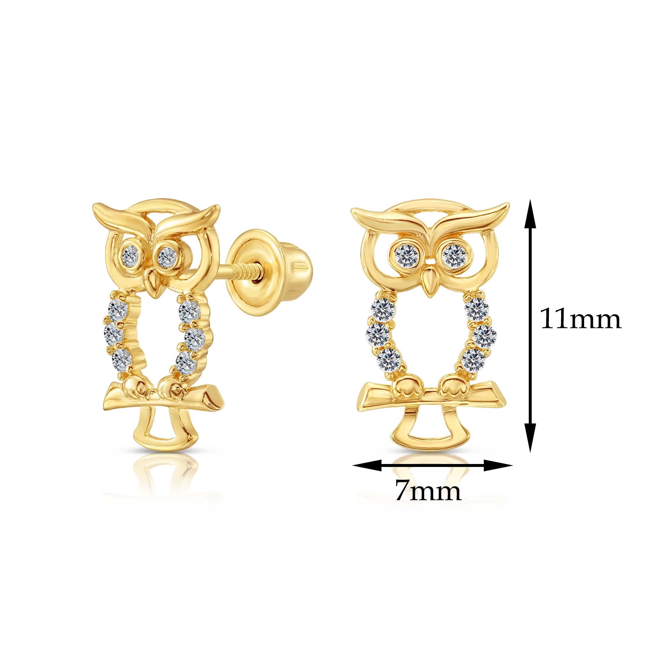 Tilo Jewelry 10K Yellow Gold CZ Owl Stud Post Earrings with Secure Screw-Backs | Everyday Dainty Small Earrings for Women & Unisex