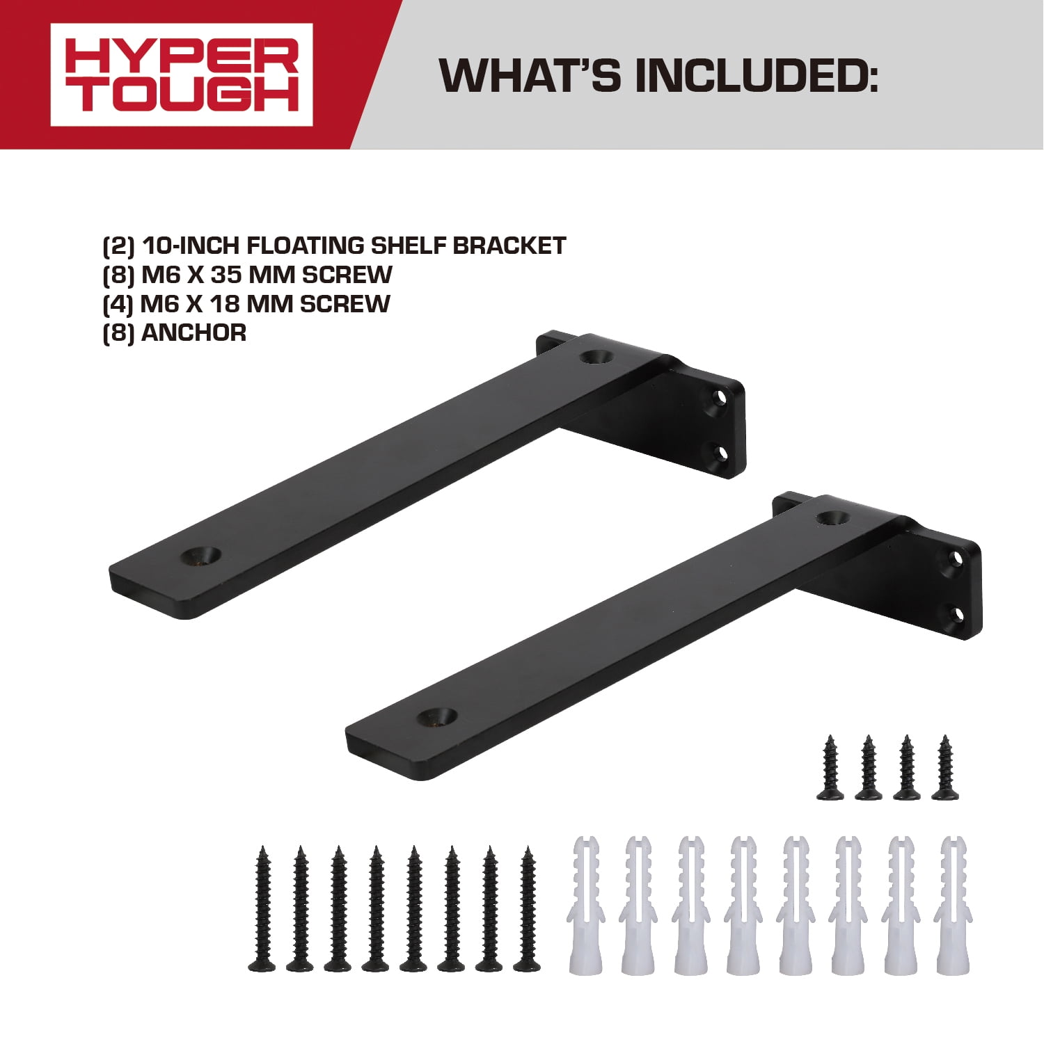 Hyper Tough 10" x 4" Floating Shelf Bracket, Black, 2-Pack