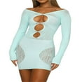 thumbnail image 1 of PENGXIANG Robe Cocktail Aguichant Ajourée pour Femmes Bodycon Maille Transparente Patchwork Manches Longues Épaules Dénudées Robe Mini Clubwear, 1 of 7