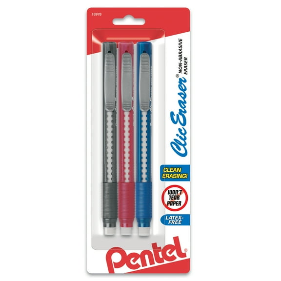 Pentel Clic Retractable Eraser with Grip, Assorted Barrels, Pack of 3