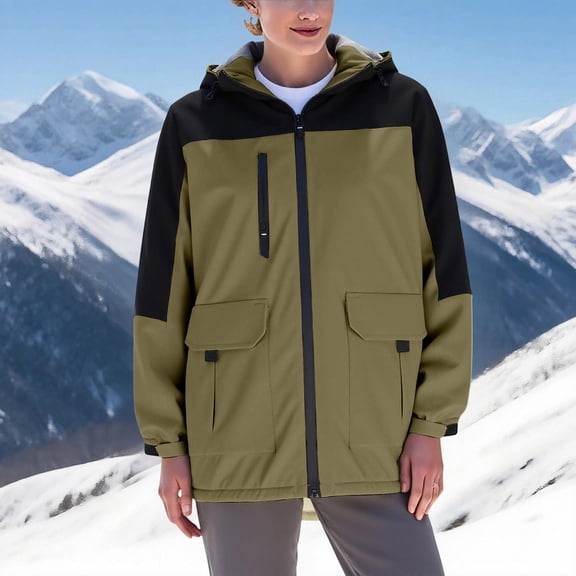 Tdoqot Womens Snow Jackets Waterproof- Full Zip Hooded Midweight Casual Hiking Jacket Windbreaker Army Green Size S