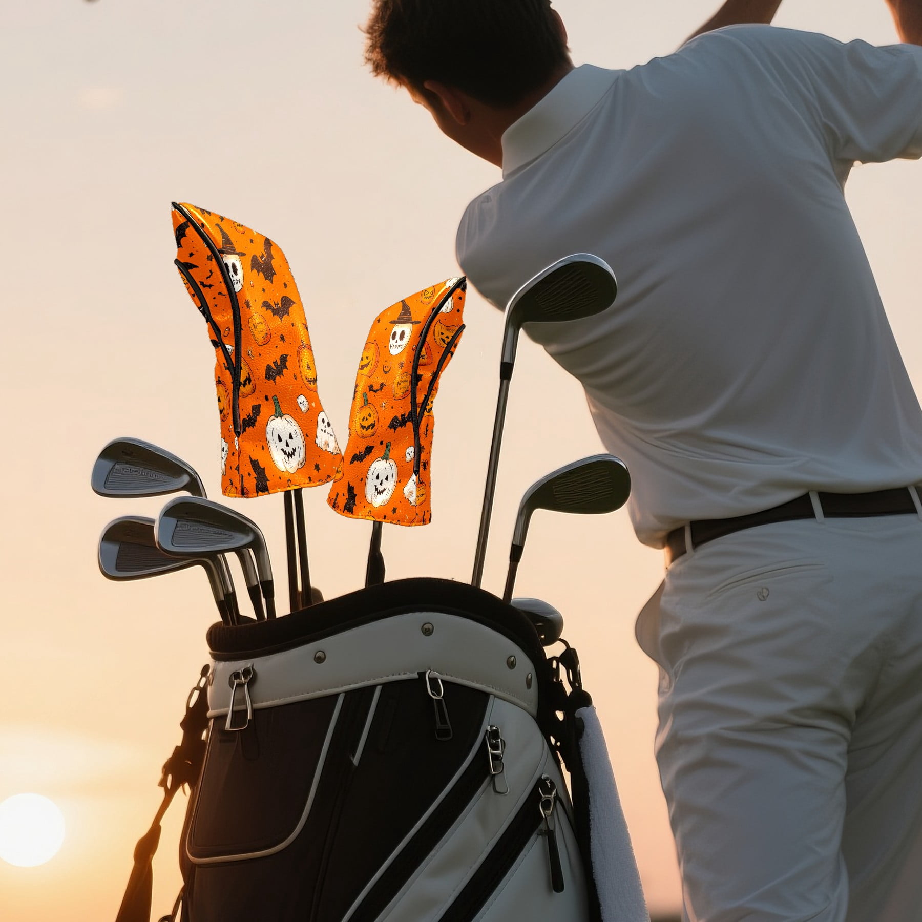Golf Club Covers PU Leather Waterproof Head Covers for Fairway Woods Hybrids Halloween Pumpkin Unisex Fits Most Brands