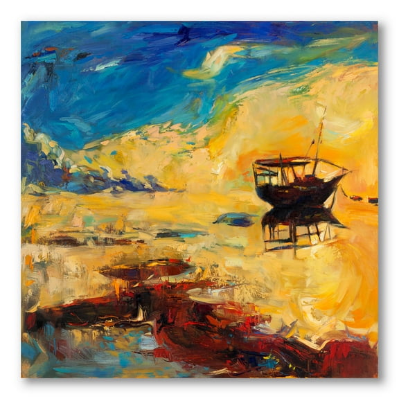 Designart ' Abstract Boat At The Ocean Horizon During Sunset ' Nautical & Coastal Canvas Wall Art Print