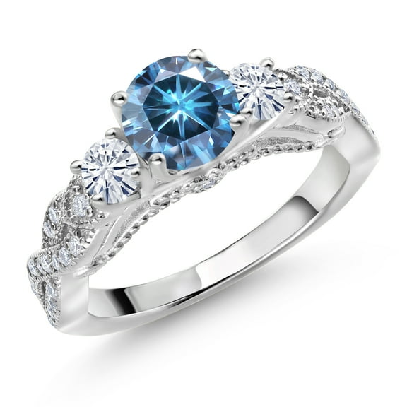 Gem Stone King 925 Sterling Silver Persian Blue Moissanite and White Moissanite Engagement Ring for Women (1.27 Cttw, Gemstone, Round 6MM and 3MM, Size 8)