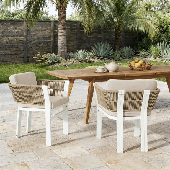 Outdoor Dining Chair Set of 2, White Aluminum Frame with Beige Cushion All-Weather Patio Seating, White