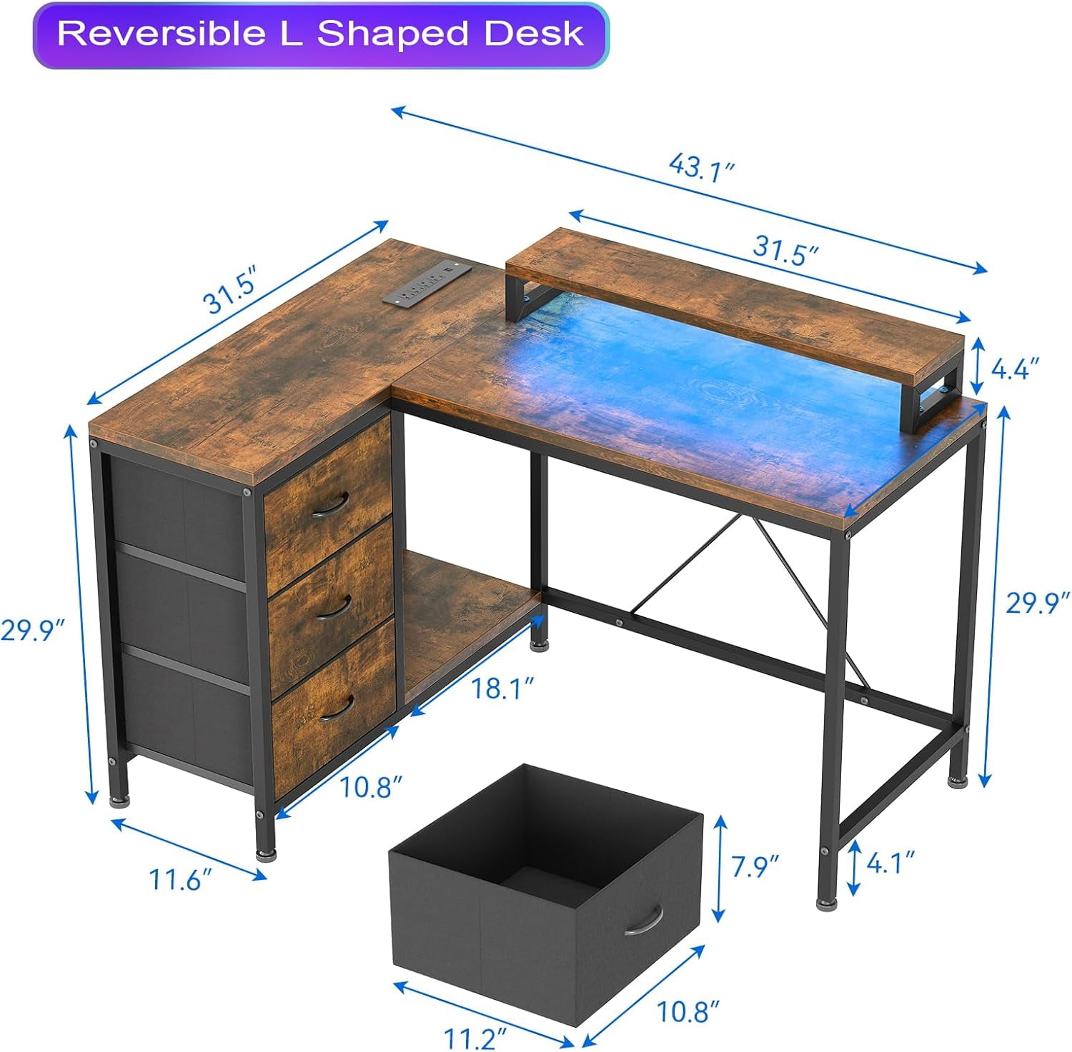 43" L-Shaped Computer Desk with 4 Power Outlets and 7-Color Led Lights, 3-Drawer Gaming Desk