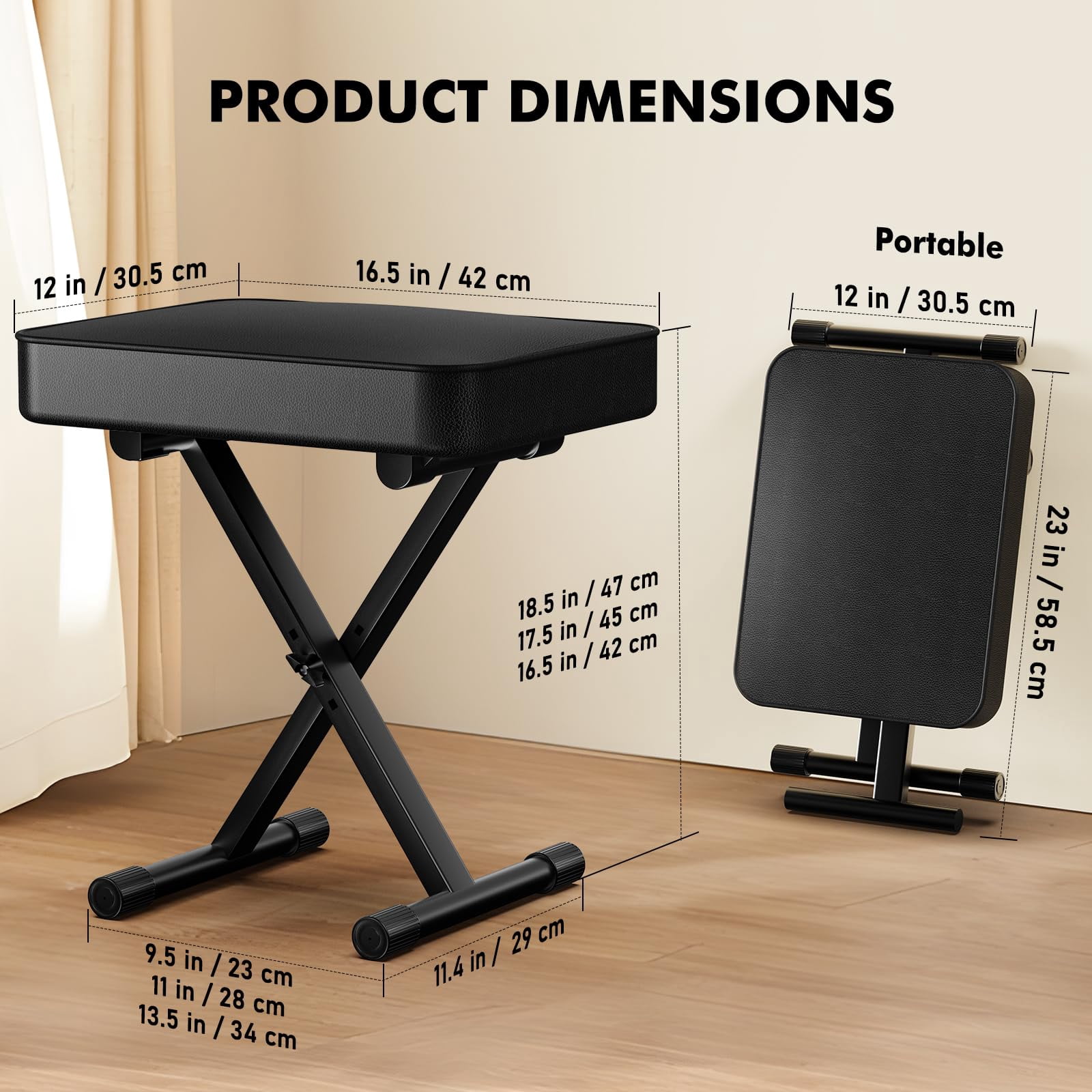 Keyboard Bench Padded Cushion X-style Height Adjustable 16.5''-18.5''  Piano Stool Chair Black