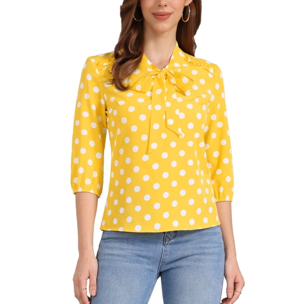 Blusa de cuello con lazo y puños elásticos impresos Inspire Chic para mujer M Amarillo