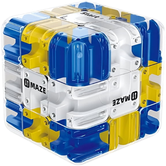 BESTSKY 3D Rolling Ball Maze Puzzle Cube,Clear Transparent with Blue and Yellow Accents,Brain Teaser Challenge Game,Brain Teaser Puzzles for Adults