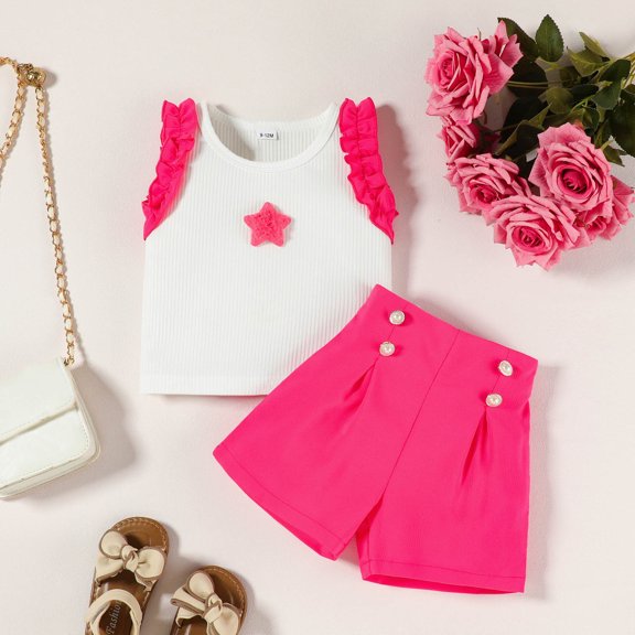 Summer Toddler Girls Sleeveless Ribbed Prints Vest T Shirt Ruffles Shorts Outfits Casual Playwear SetWhite9-12 Months