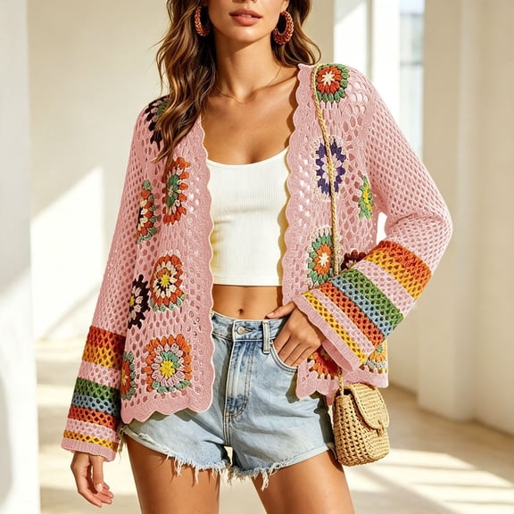 IUYRTFE Women's Hand Crochet Knit Cardigan Open Front Boho Style Long Sleeve Colorful Patterned Jacket
