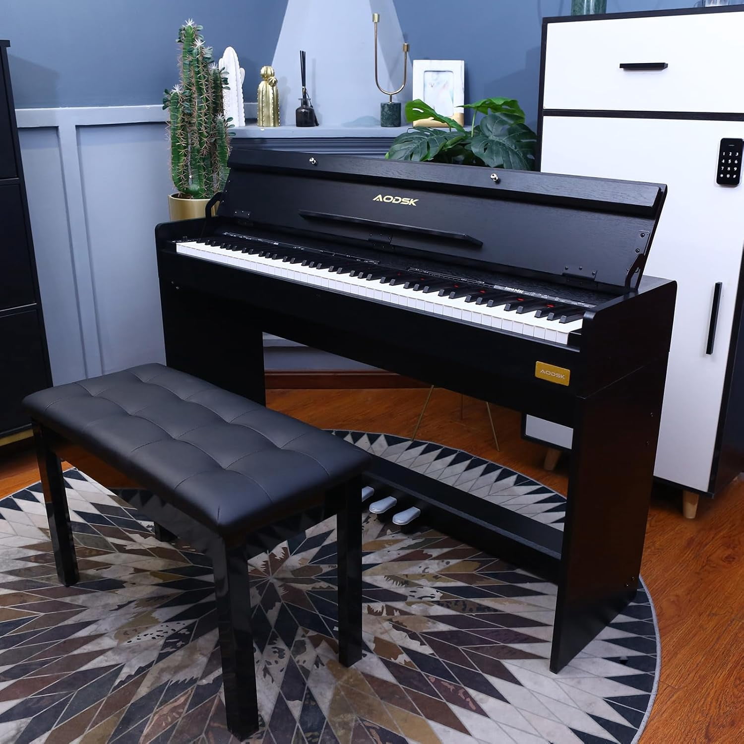 AODSK Duet Piano Bench with Storage, Padded Cushion for Piano Keyboard Seat, Soild Wood Leg Bench Stool Chair -Black