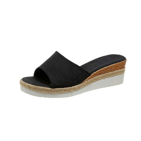 

TUOBARR Platform Slippers for Women Womens Summer Fashion Casual Slippers Open Toe Thick Bottom Flax Slippers Black