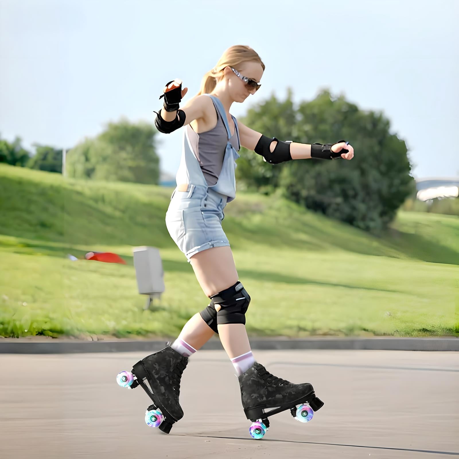 SHIBAILI Light up Roller Skates for Woman, Black Camo Color,Free Skate(8.5)