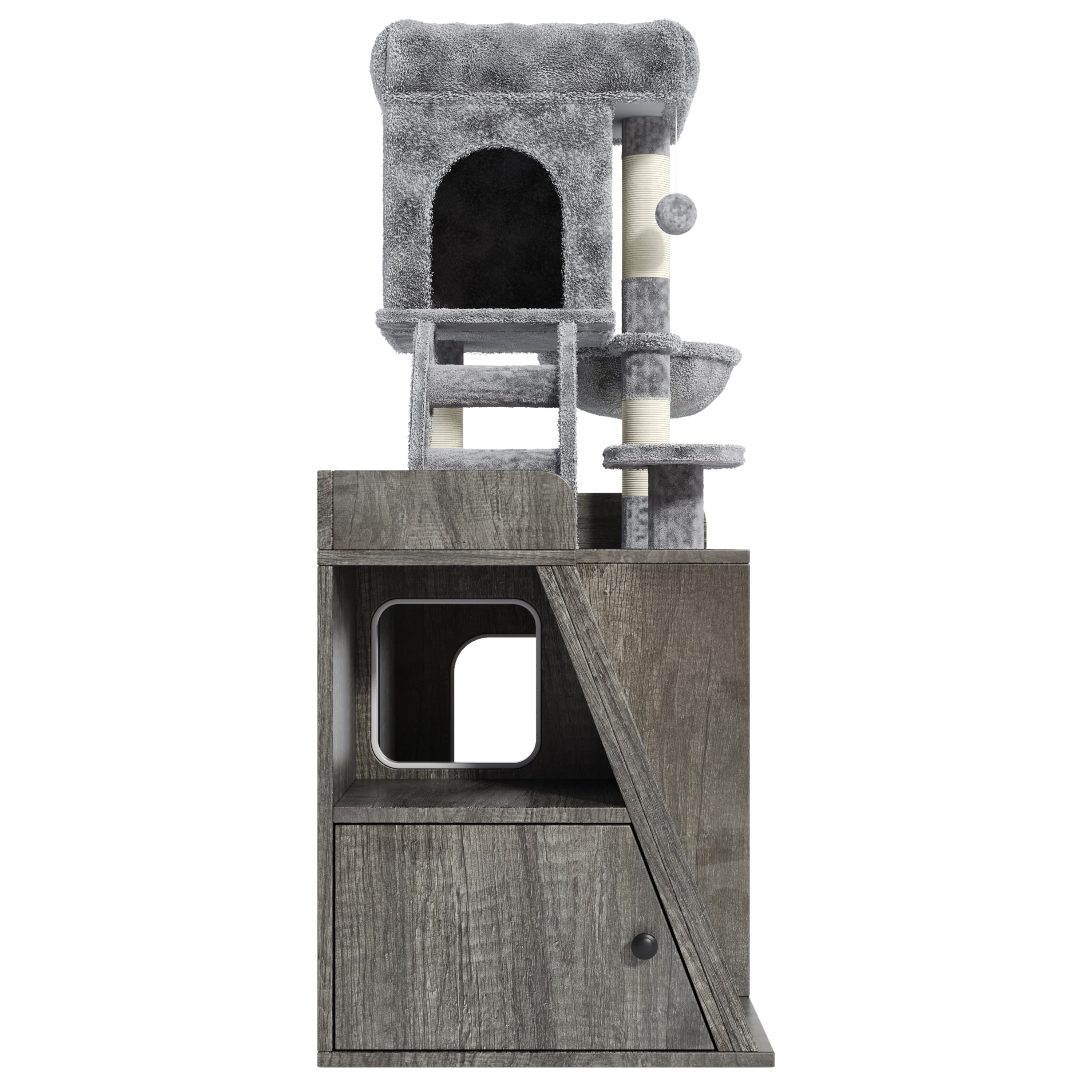 Aukfa 2-in-1 Cat Tree with Hidden Litter Box & RGB Lighting, Modern Multi-Level Cat Tower with Side Storage & Sisal Scratching Board,Gray